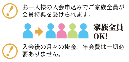 お一人様の入会申込みでご家族全員が会員特典を受けられます。